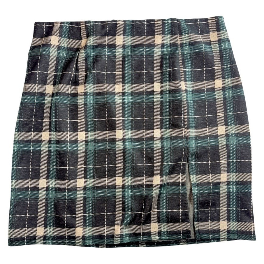 Timing Plaid Mini Skirt Women Large Green Front Slit Stretch WS8076W